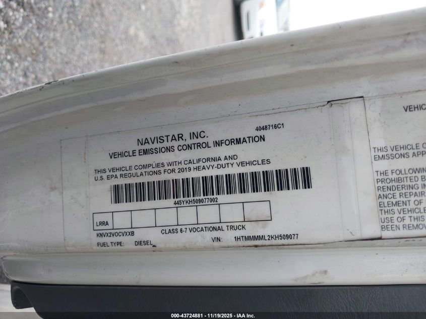 2019 International Durastar 4300 VIN: 1HTMMMML2KH509077 Lot: 43724881