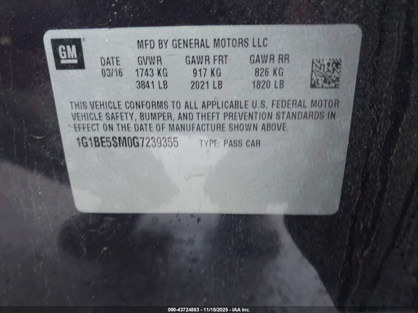 2016 Chevrolet Cruze Lt Auto VIN: 1G1BE5SM0G7239355 Lot: 43724883