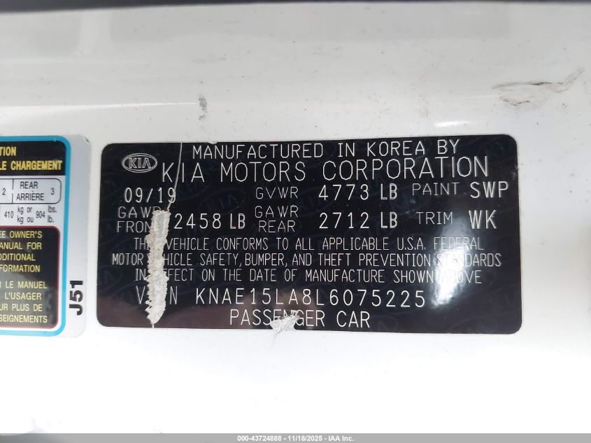 2020 Kia Stinger Gt-Line VIN: KNAE15LA8L6075225 Lot: 43724888