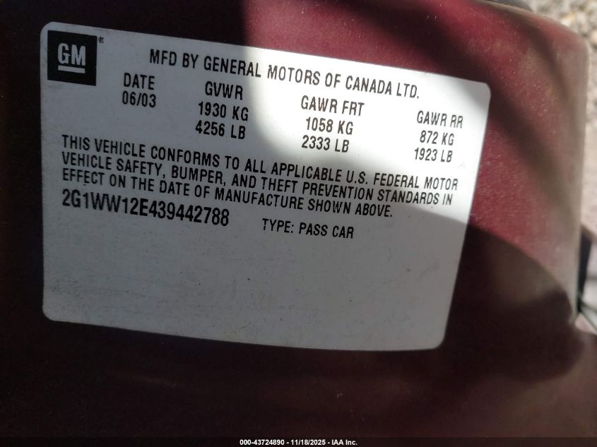 2003 Chevrolet Monte Carlo Ls VIN: 2G1WW12E439442788 Lot: 43724890