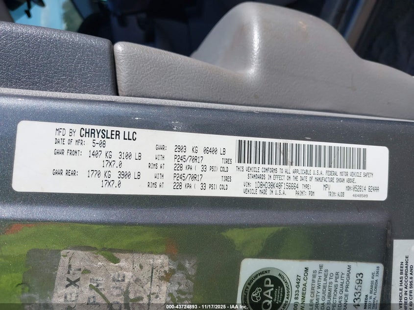 2008 Dodge Durango Sxt VIN: 1D8HD38K48F156664 Lot: 43724893