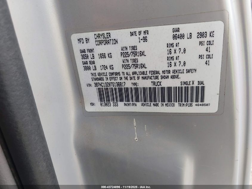 1996 Dodge Ram 1500 VIN: 3B7HC13Z0TG136817 Lot: 43724896