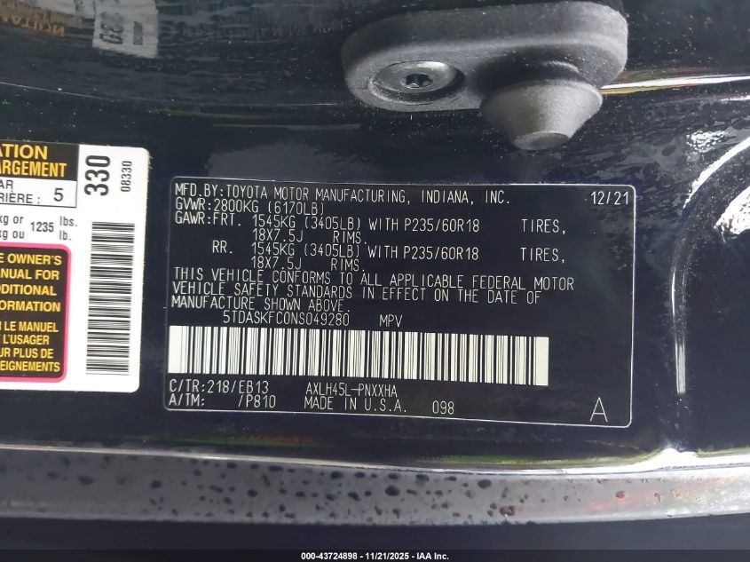 2022 Toyota Sienna Xle Woodland Edition VIN: 5TDASKFC0NS049280 Lot: 43724898