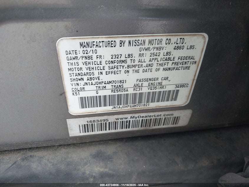 2010 Infiniti Ex35 VIN: JN1AJ0HP4AM701821 Lot: 43724906