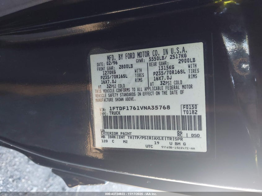 1997 Ford F-150 Lariat/Standard/Xl/Xlt VIN: 1FTDF1761VNA35768 Lot: 43724923