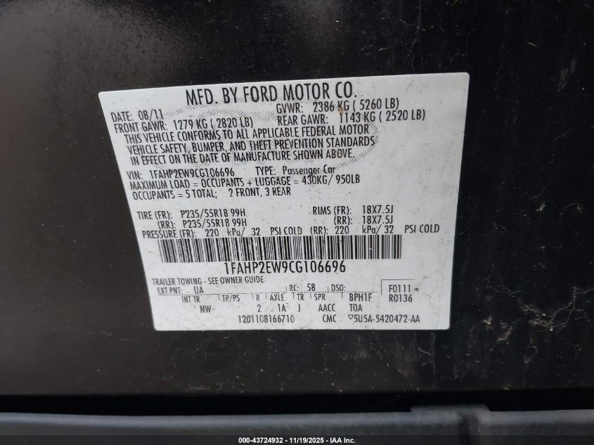 2012 Ford Taurus Sel VIN: 1FAHP2EW9CG106696 Lot: 43724932