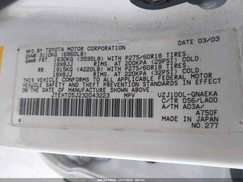 2003 Toyota Land Cruiser VIN: JTEHT05J232043223 Lot: 43724938