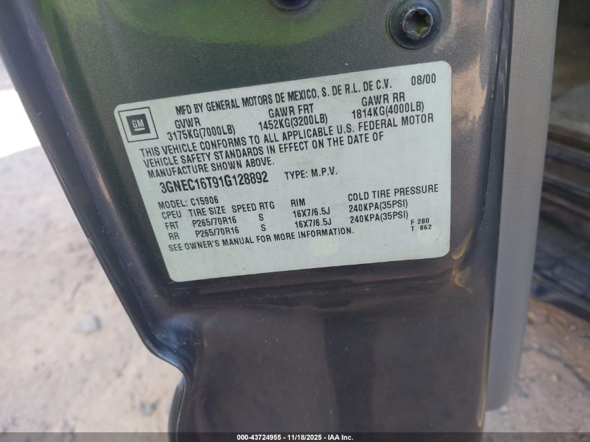 2001 Chevrolet Suburban 1500 Lt VIN: 3GNEC16T91G128892 Lot: 43724955