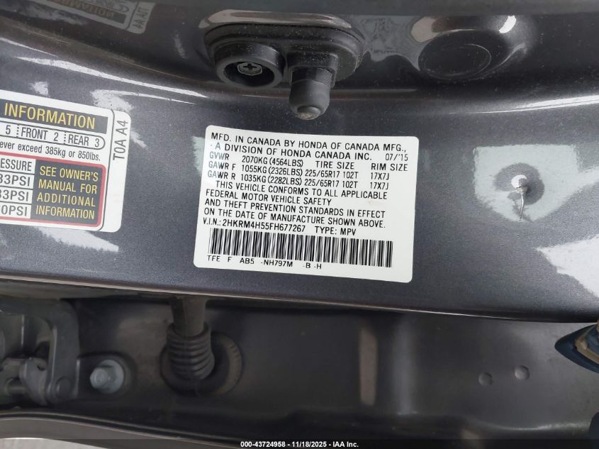 2015 Honda Cr-V Ex VIN: 2HKRM4H55FH677267 Lot: 43724958