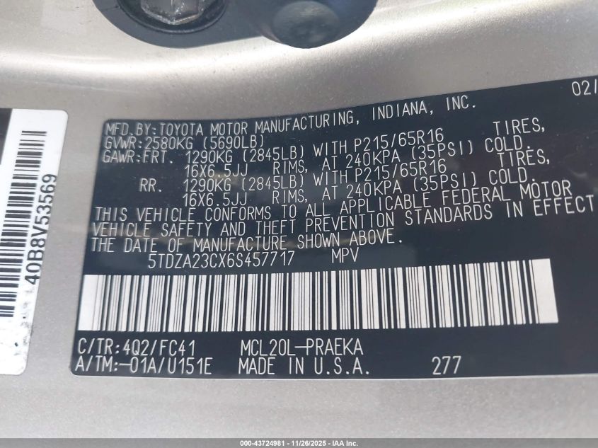 2006 Toyota Sienna Le VIN: 5TDZA23CX6S457717 Lot: 43724981