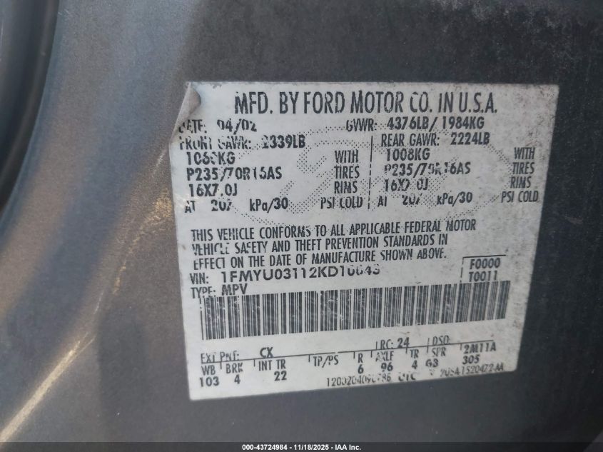 2002 Ford Escape Xlt VIN: 1FMYU03112KD10043 Lot: 43724984