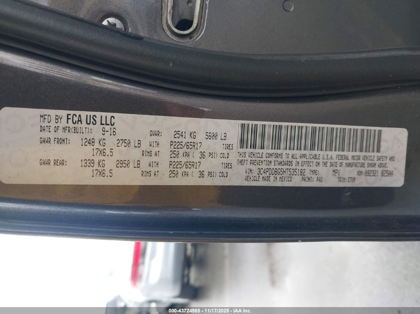 2017 Dodge Journey Sxt Awd VIN: 3C4PDDBG5HT535182 Lot: 43724985