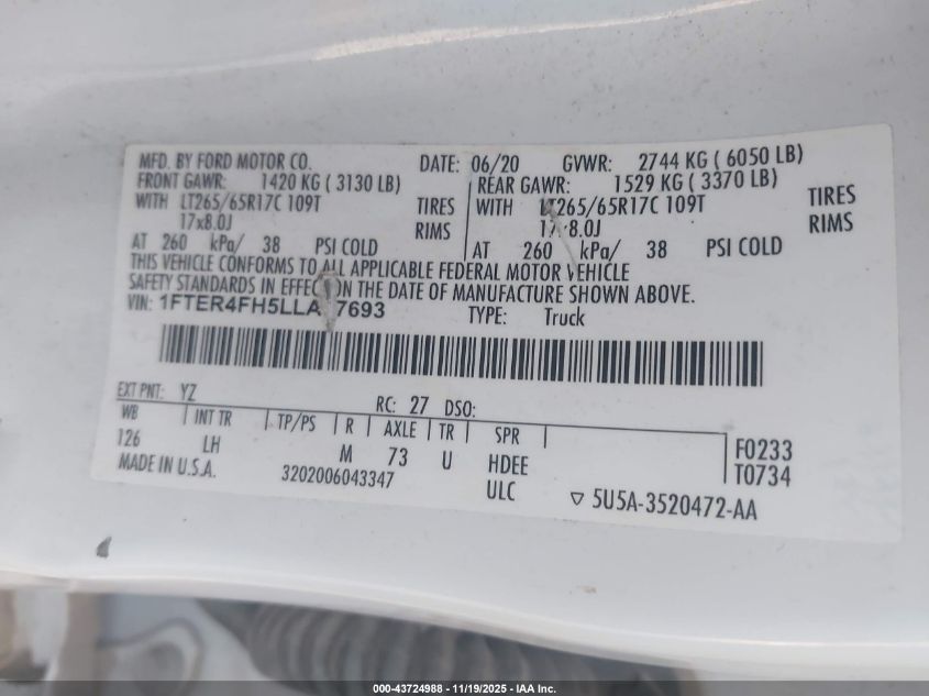 2020 Ford Ranger Xlt VIN: 1FTER4FH5LLA37693 Lot: 43724988