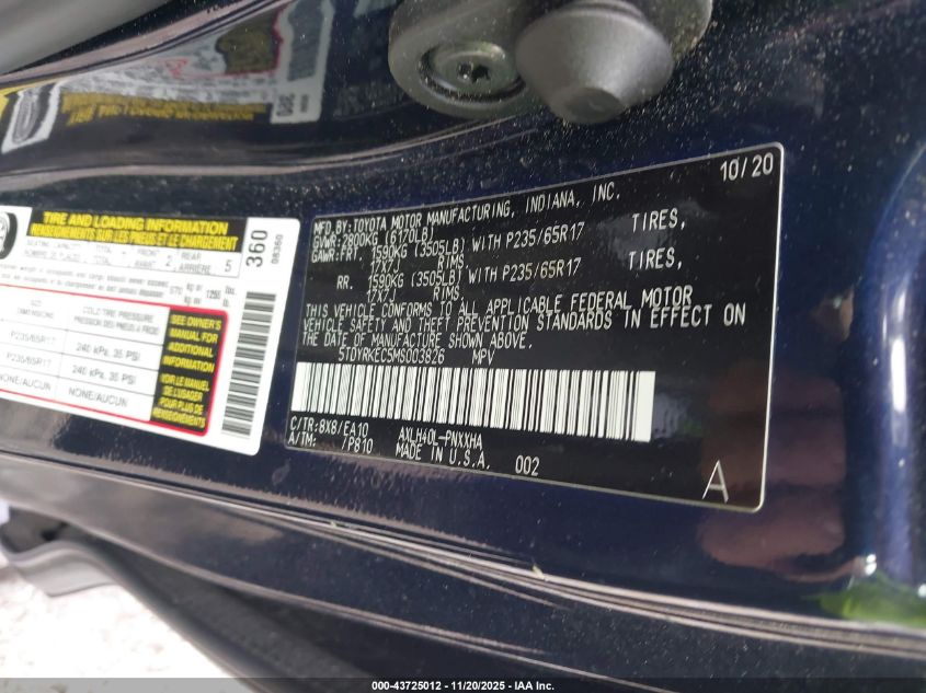 2021 Toyota Sienna Xle VIN: 5TDYRKEC5MS003826 Lot: 43725012