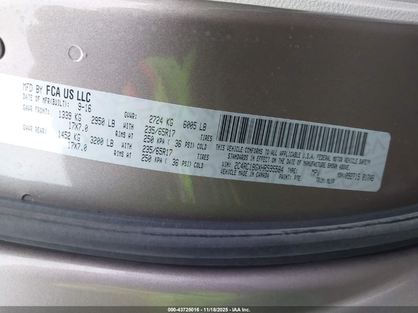 2017 Chrysler Pacifica Touring-L VIN: 2C4RC1BGXHR595584 Lot: 43725016