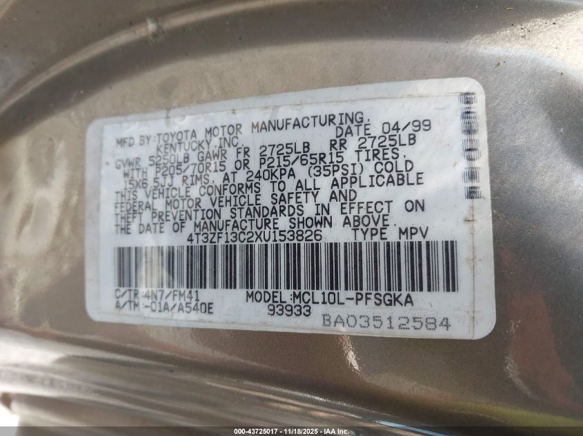 1999 Toyota Sienna Xle VIN: 4T3ZF13C2XU153826 Lot: 43725017