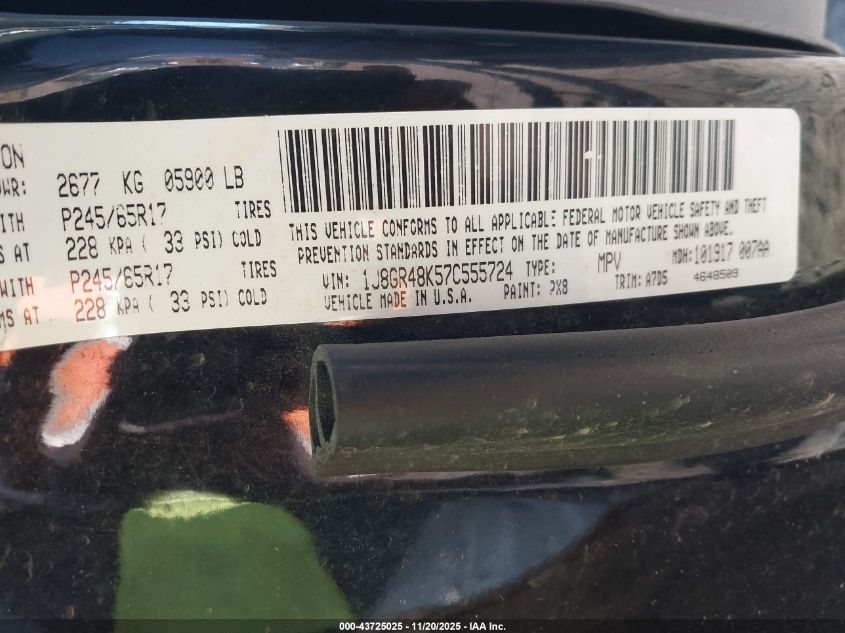 2007 Jeep Grand Cherokee Laredo VIN: 1J8GR48K57C555724 Lot: 43725025