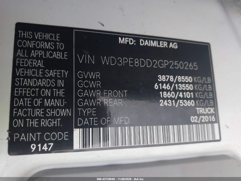 2016 Mercedes-Benz Sprinter 2500 High Roof VIN: WD3PE8DD2GP250265 Lot: 43725049