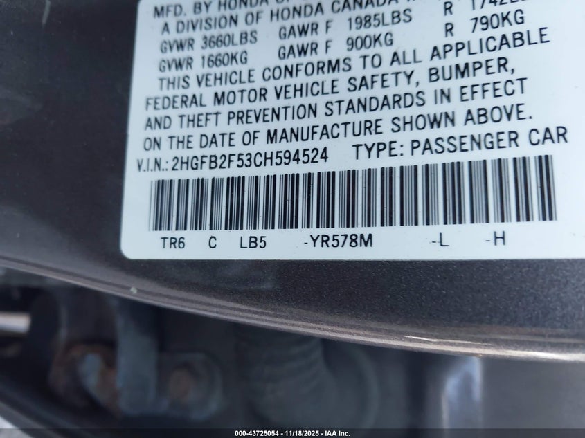 2HGFB2F53CH594524 2012 HONDA CIVIC photo no. 9