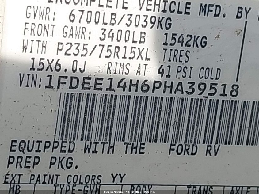 1993 Ford Econoline E150 Van VIN: 1FDEE14H6PHA39518 Lot: 43725063