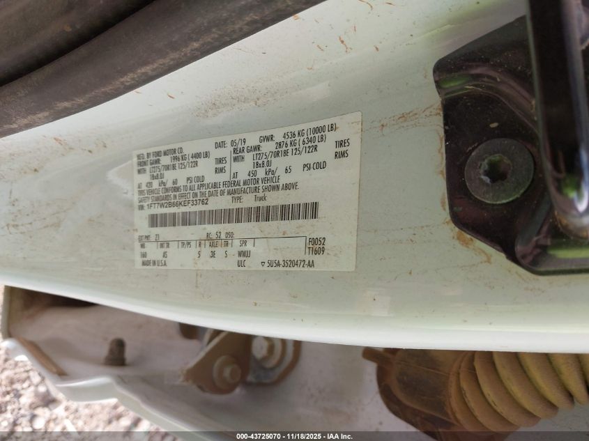 2019 Ford F-250 Xl VIN: 1FT7W2B66KEF33762 Lot: 43725070