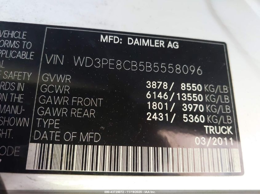 2011 Mercedes-Benz Sprinter 2500 High Roof VIN: WD3PE8CB5B5558096 Lot: 43725072