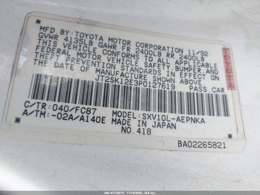 1993 Toyota Camry Le VIN: JT2SK12E3P0127619 Lot: 43725075