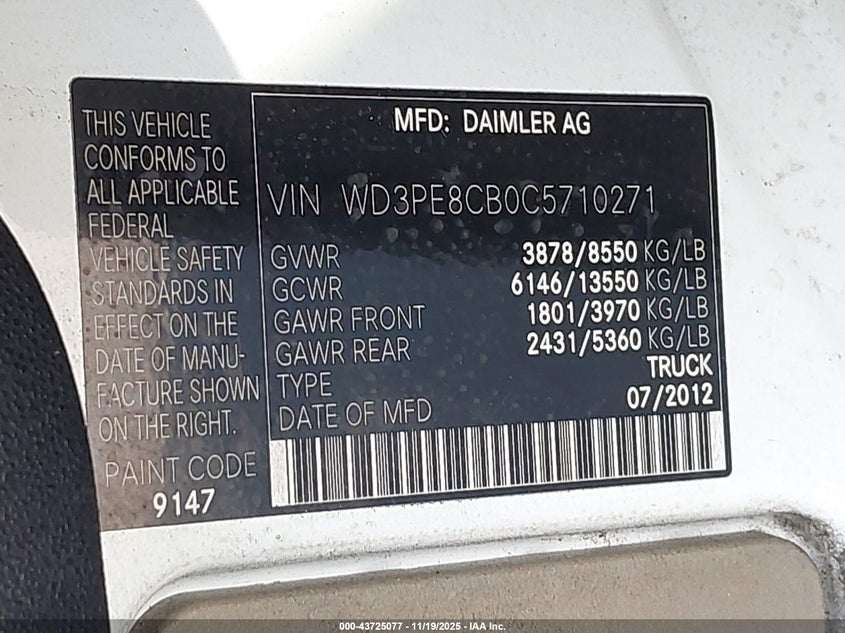 2012 Mercedes-Benz Sprinter 2500 High Roof VIN: WD3PE8CB0C5710271 Lot: 43725077