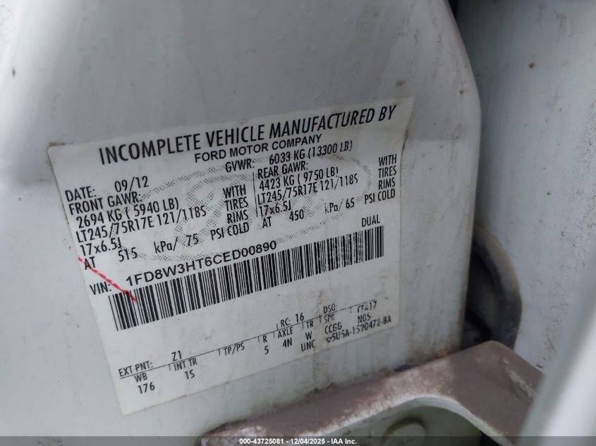 2012 Ford F-350 Chassis Xl VIN: 1FD8W3HT6CED00890 Lot: 43725081