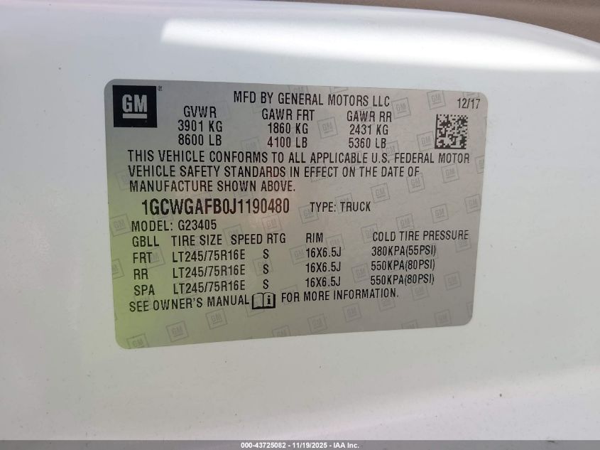 2018 Chevrolet Express 2500 Work Van VIN: 1GCWGAFB0J1190480 Lot: 43725082