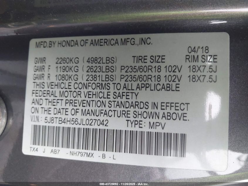 2018 Acura Rdx Technology Acurawatch Plus Packages/Technology Package VIN: 5J8TB4H56JL027042 Lot: 43725092