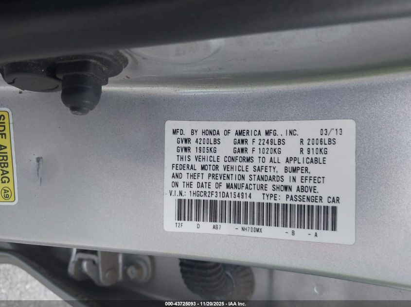 2013 Honda Accord Lx VIN: 1HGCR2F31DA154914 Lot: 43725093
