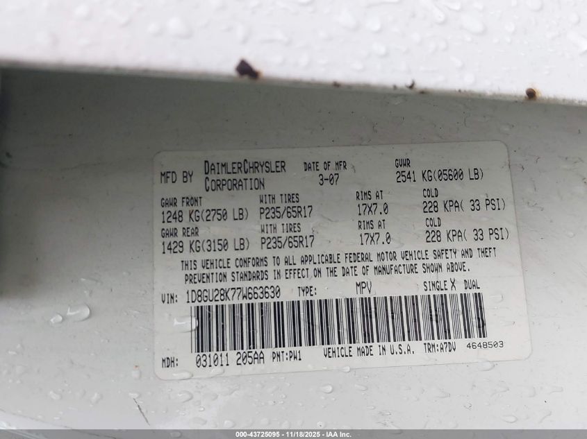 2007 Dodge Nitro Sxt VIN: 1D8GU28K77W663630 Lot: 43725095