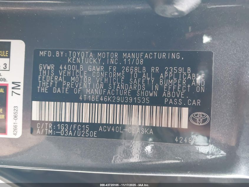 2009 Toyota Camry Se VIN: 4T1BE46K29U391535 Lot: 43725105
