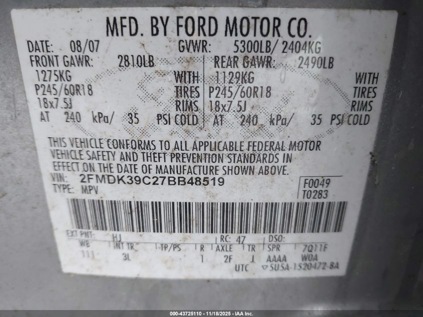 2007 Ford Edge Sel Plus VIN: 2FMDK39C27BB48519 Lot: 43725110
