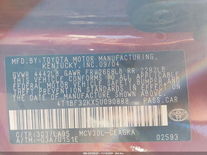 2005 Toyota Camry Xle V6 VIN: 4T1BF32KX5U090888 Lot: 43725127