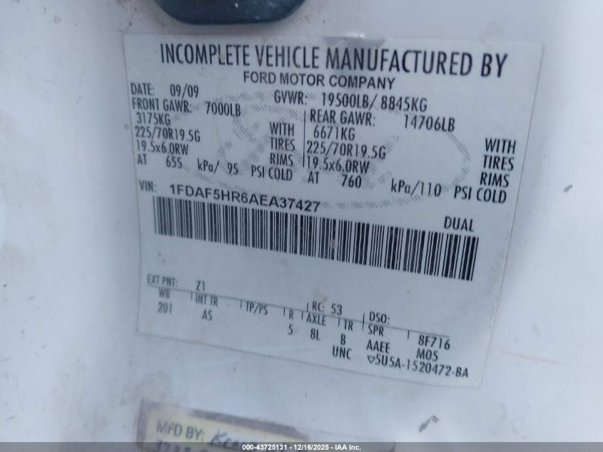 2010 Ford F-550 Chassis Xl/Xlt VIN: 1FDAF5HR6AEA37427 Lot: 43725131