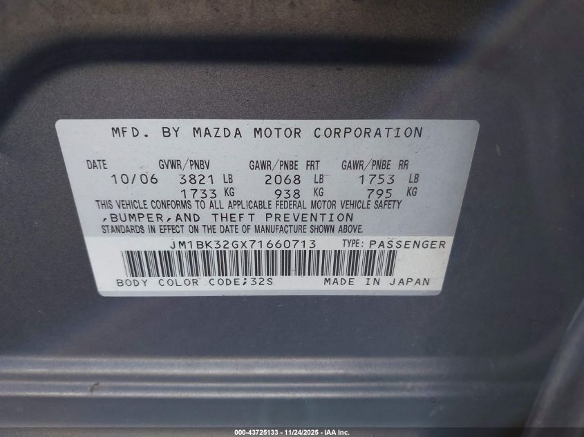 2007 Mazda Mazda3 I VIN: JM1BK32GX71660713 Lot: 43725133