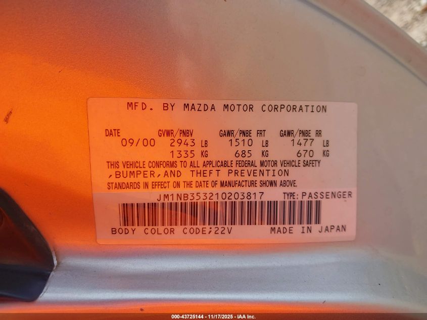 2001 Mazda Mx-5 Miata Ls/Special Edition VIN: JM1NB353210203817 Lot: 43725144
