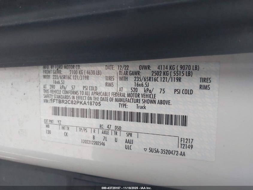 2023 Ford Transit-250 VIN: 1FTBR2C82PKA18705 Lot: 43725157