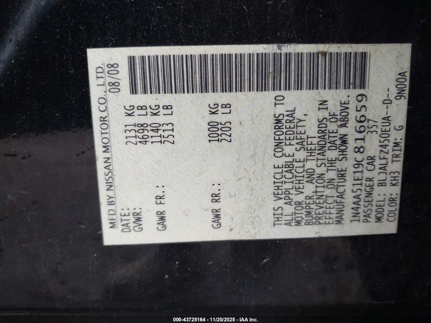 2009 Nissan Maxima 3.5 Sv VIN: 1N4AA51E19C816659 Lot: 43725164