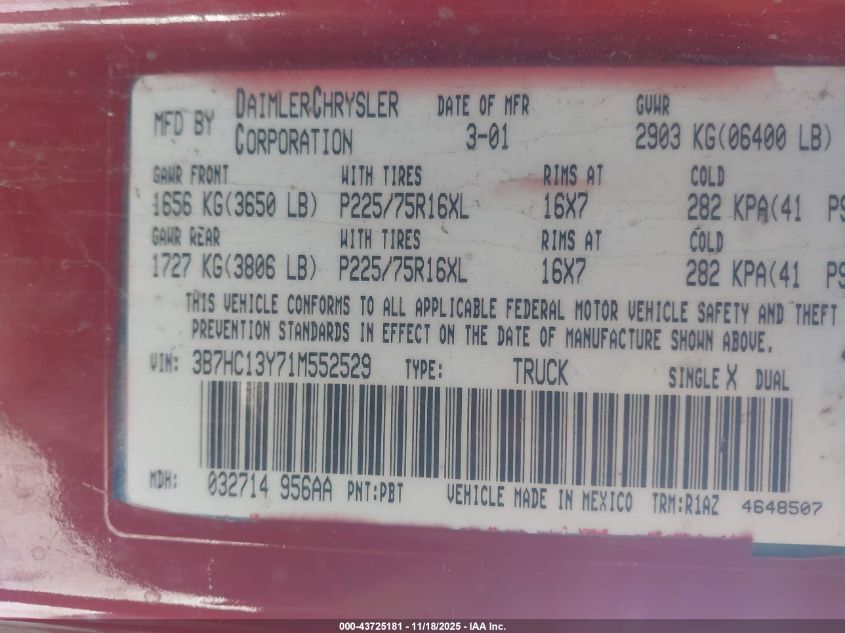 2001 Dodge Ram 1500 St VIN: 3B7HC13Y71M552529 Lot: 43725181