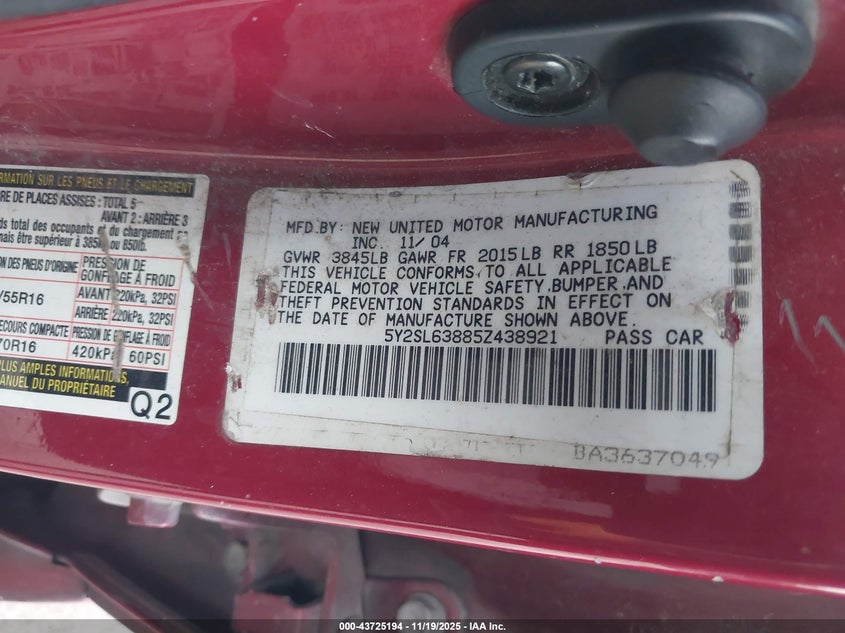 2005 Pontiac Vibe VIN: 5Y2SL63885Z438921 Lot: 43725194