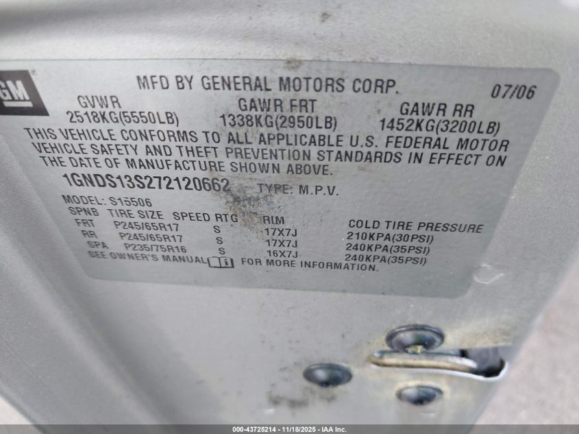 2007 Chevrolet Trailblazer Ls VIN: 1GNDS13S272120662 Lot: 43725214