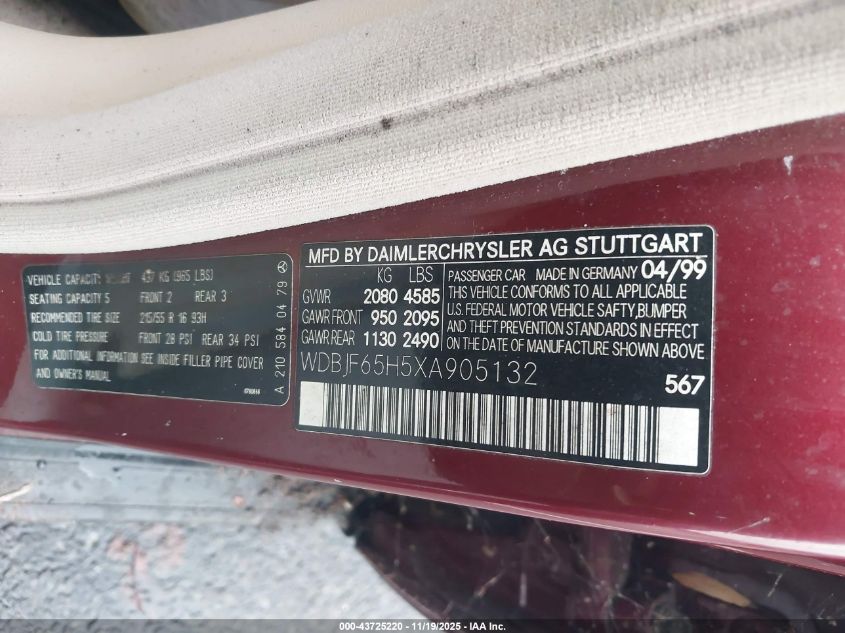 1999 Mercedes-Benz E 320 VIN: WDBJF65H5XA905132 Lot: 43725220