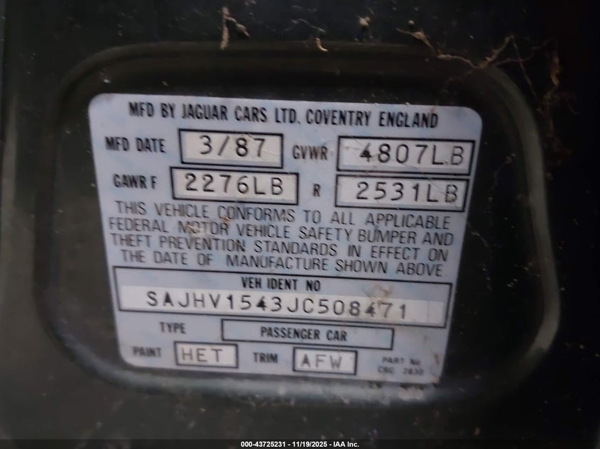 1988 Jaguar Xj6 VIN: SAJHV1543JC508471 Lot: 43725231