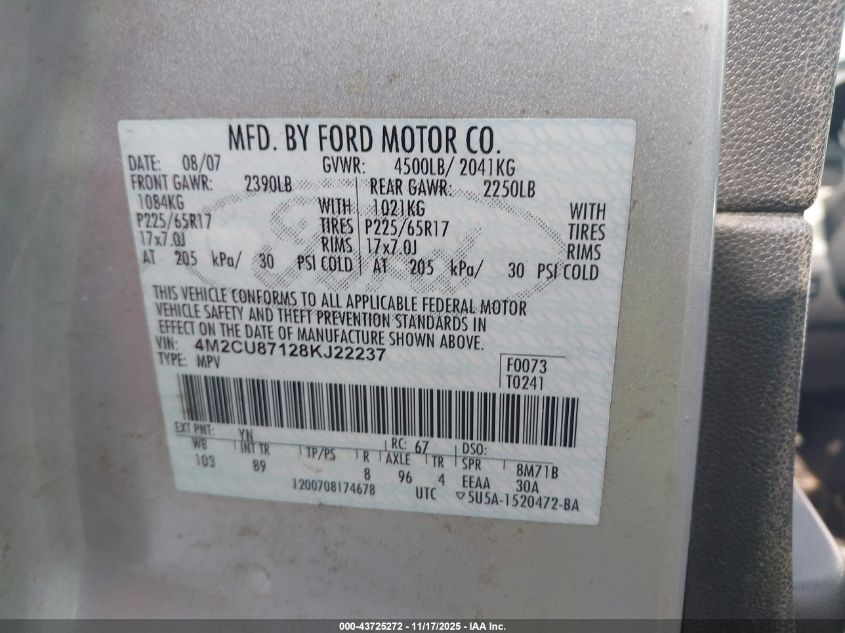 2008 Mercury Mariner Premier VIN: 4M2CU87128KJ22237 Lot: 43725272