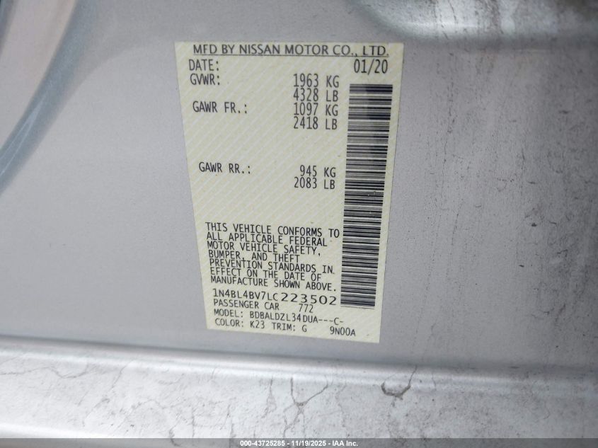 2020 Nissan Altima S Fwd VIN: 1N4BL4BV7LC223502 Lot: 43725285