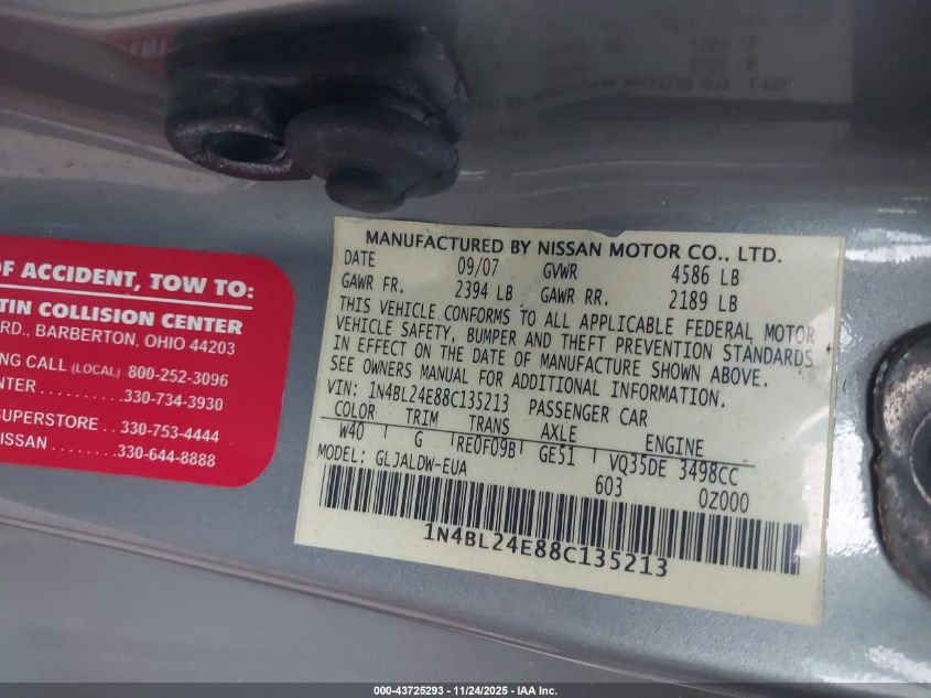 2008 Nissan Altima 3.5 Se VIN: 1N4BL24E88C135213 Lot: 43725293