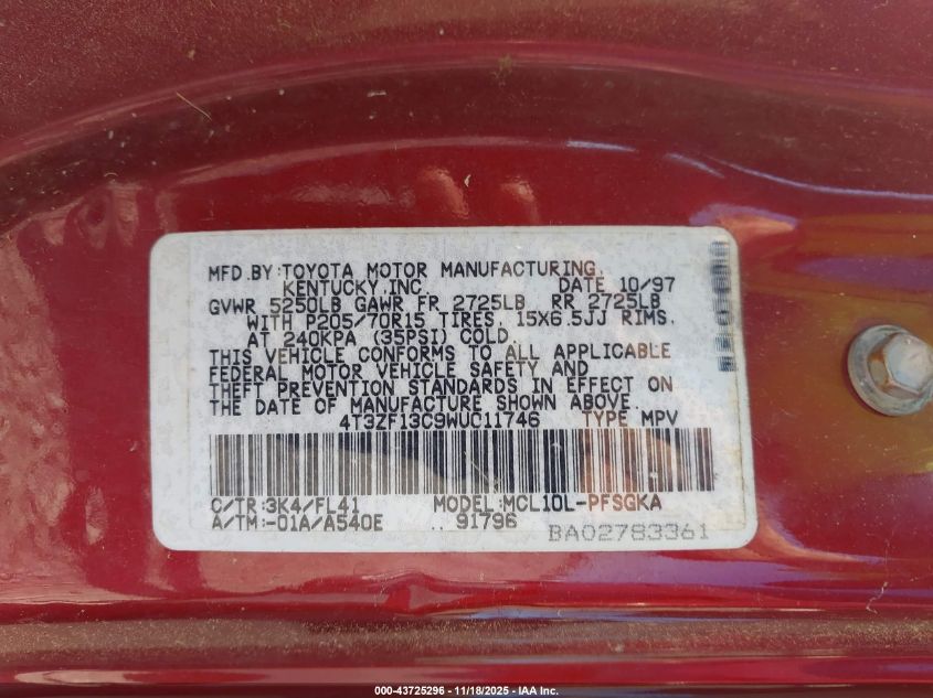 1998 Toyota Sienna Le VIN: 4T3ZF13C9WU011746 Lot: 43725296